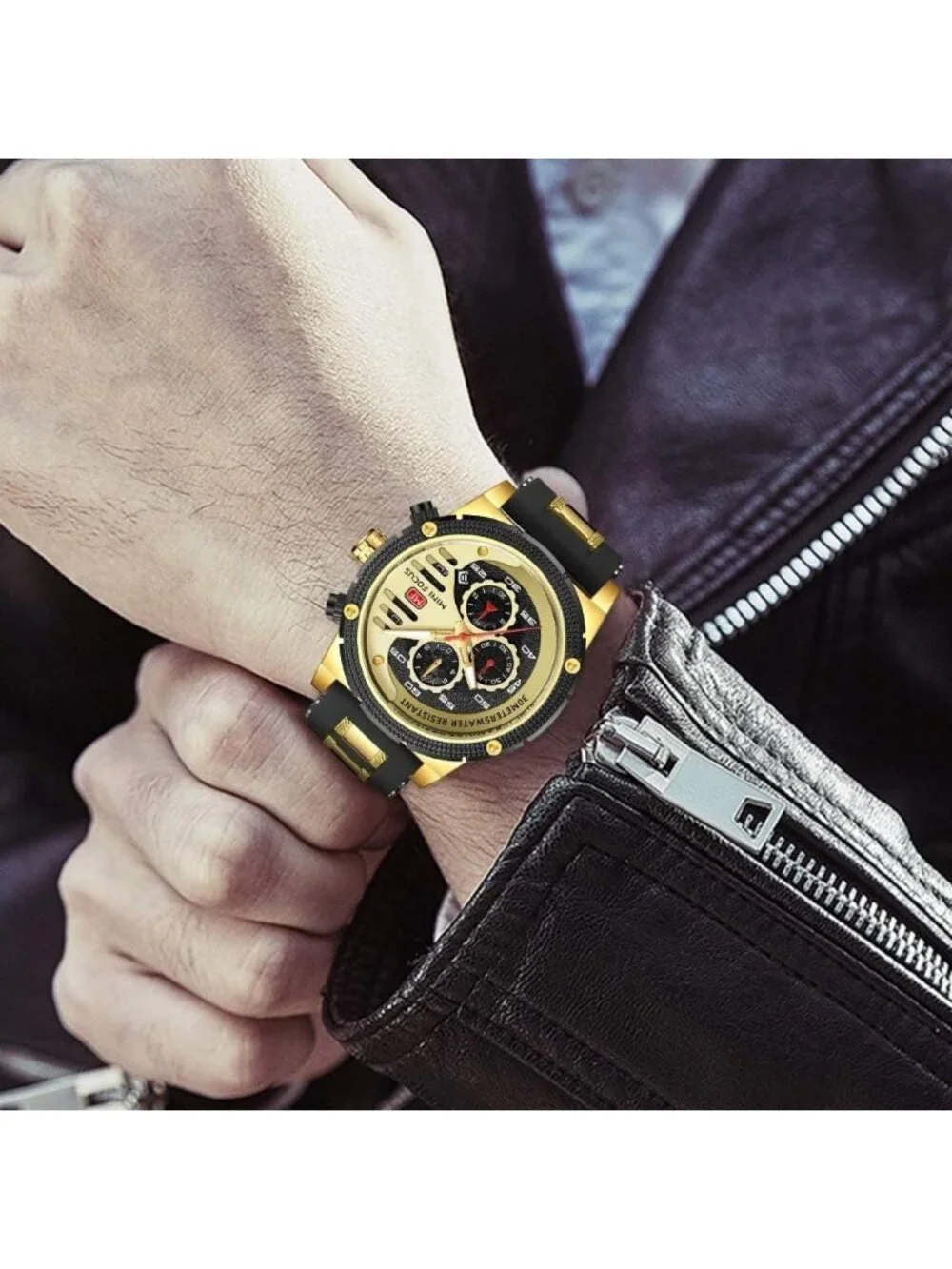Men's Gold Black Chronograph Waterproof Sport Military Analog Quartz Wristwatch